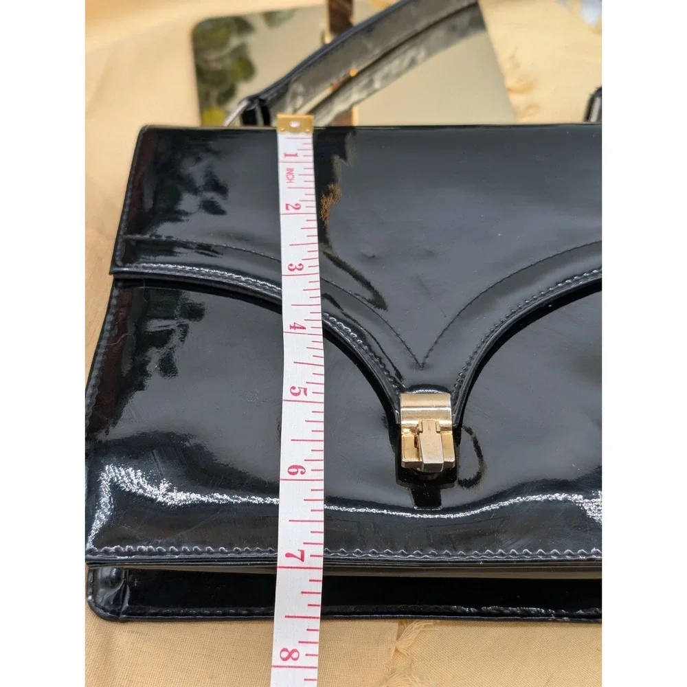Vintage Black Patent Leather Accordion Bag • Structured Top Handle V-Flap Purse